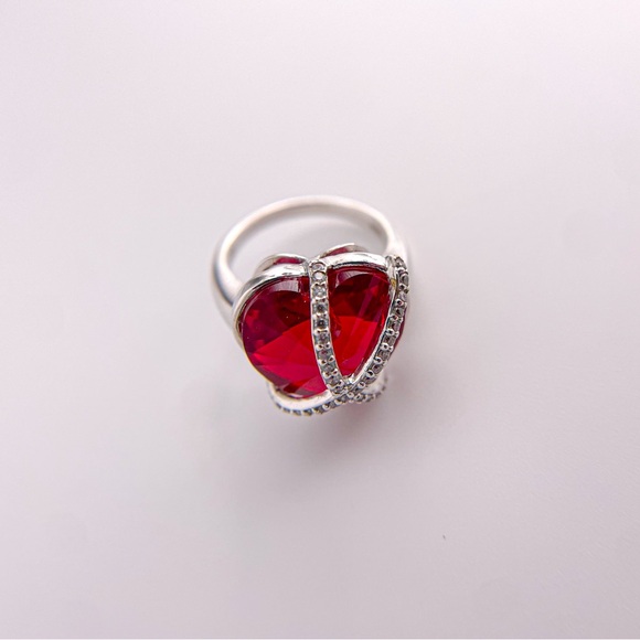 Sterling Silver Lab Created Ruby Heart Shaped Ring with Crisscrossed CZ. Size 5. - Picture 2 of 10